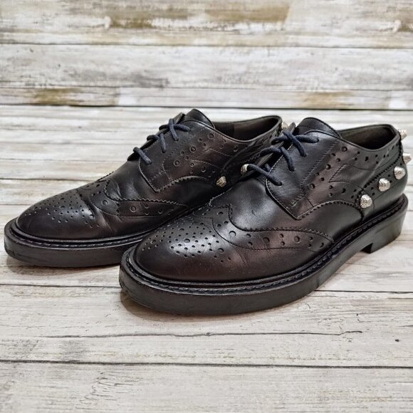 Balenciaga Woman’s Black Leather Studded Wingtip Brogues Size 7